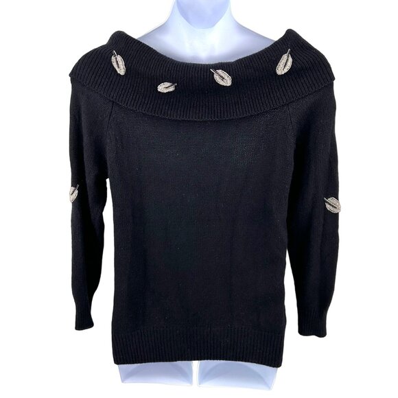 VINTAGE E.M.T. ON/OFF SHOULDER BEADED LEAF SILK ANGORA SWEATER - M - Picture 4 of 4